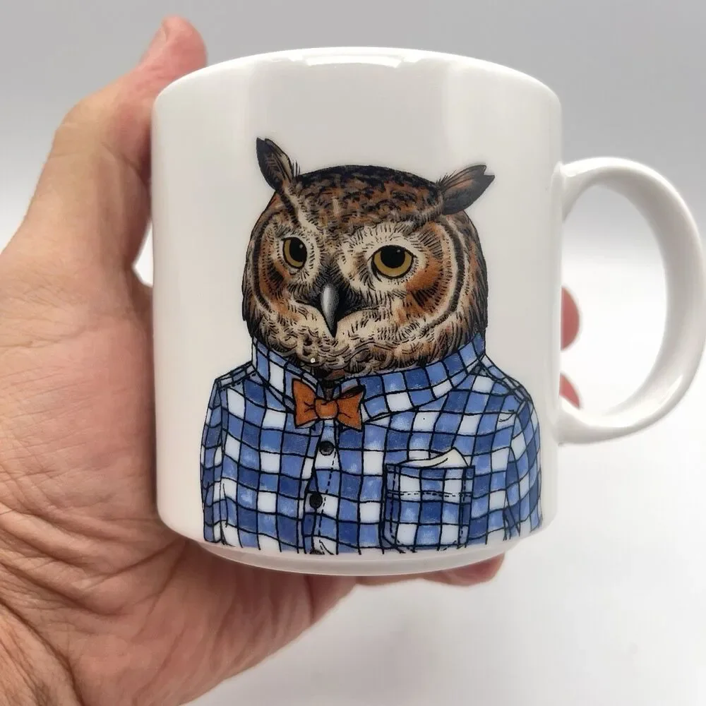 West Elm Rachel Kozlowski White Ceramic Dapper Owl Bow Tie Coffee Tea Mug Cup